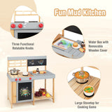 Our outdoor play mud kitchen features 3 rotatable knobs that create a ‘click’ sound, and 2 stoves for toy pots