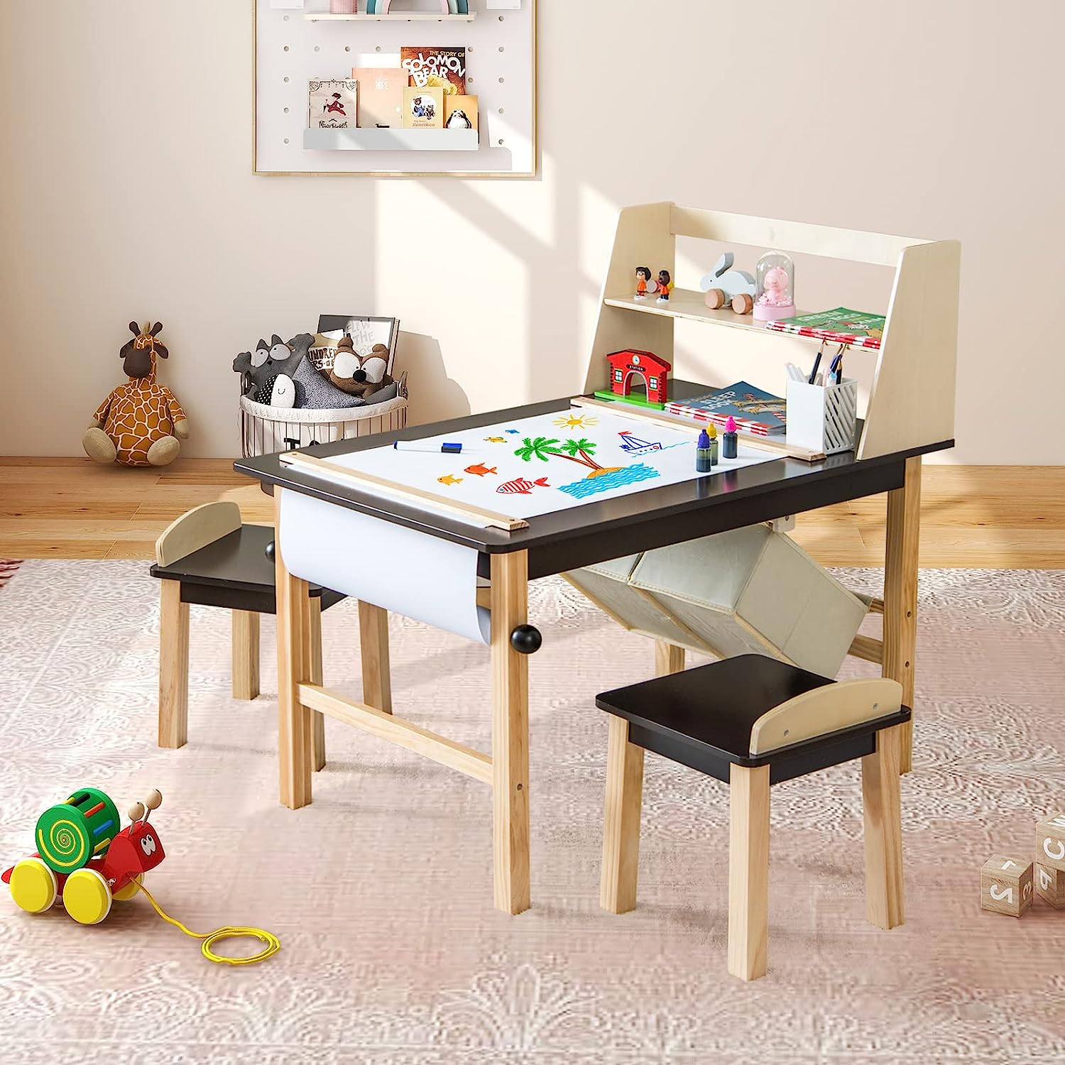 Kids Art Table and 2 Chairs, Wooden Drawing Desk, Activity