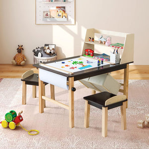 Houten activiteitentafel en 2 stoelenset voor kinderen | Kunsttafel voor kinderen | 2 opbergbakken met papierrol