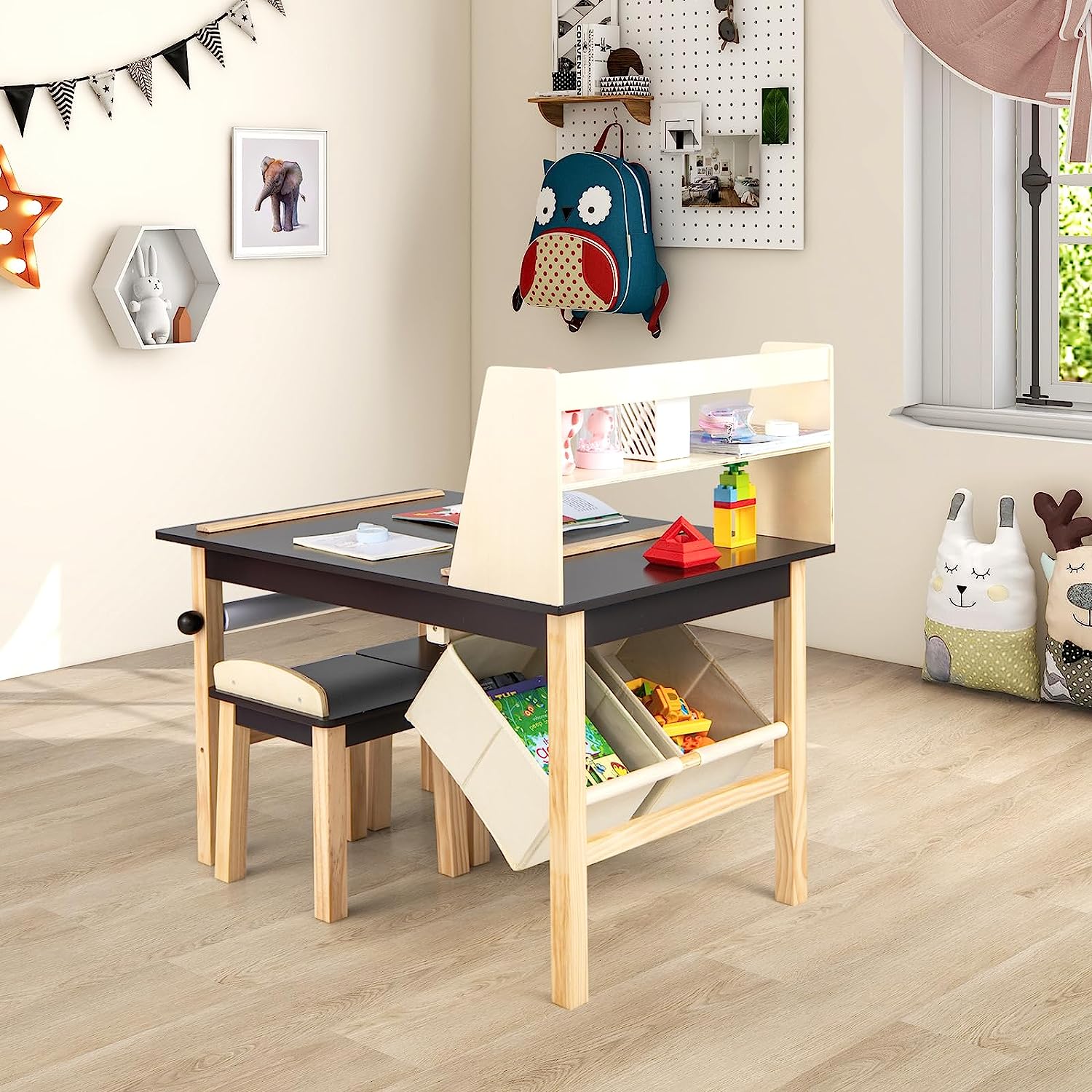 Kids Wooden Art Table and 2 Chairs Set 2 Storage Bins Paper