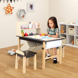 Drewniany stół do ćwiczeń dla dzieci i zestaw 2 krzeseł | Stół artystyczny dla dzieci | 2 pojemniki do przechowywania z rolką papieru