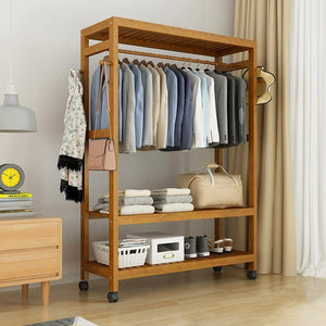 Large Bamboo Wooden Clothes Hanging Rail | Rail with 3 Open Shelves & 4 Hooks | Open Wardrobe with Wheels