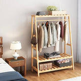 Eco 100% Bamboo Wood |  Freestanding Clothes Rack with 3 Shelves & Side Hooks  | Natural | 1.64m High