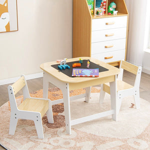 Juego de mesa y 2 sillas infantiles de madera blanca | Mesa de doble cara | Almacenamiento