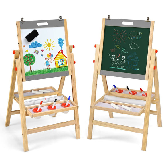 Montessori Height Adjustable Folding Wooden Easel | Whiteboard & Blackboard | Storage Tray | 3 Years+