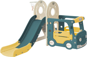 Children's Montessori Play Bus and Slide | Basketball Hoop | Indoor Outdoor | Green or Beige