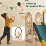 Dieses Spielset enthält eine Rutsche, einen Kletterer und einen Basketballkorb.