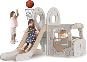 Autobús y tobogán Montessori para niños | Aro de baloncesto | Interior Exterior | Verde o Beige