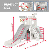 Cet ensemble comprend un toboggan, des escaliers à monter, un espace de rangement pour les jouets, un panier de basket et un télescope !