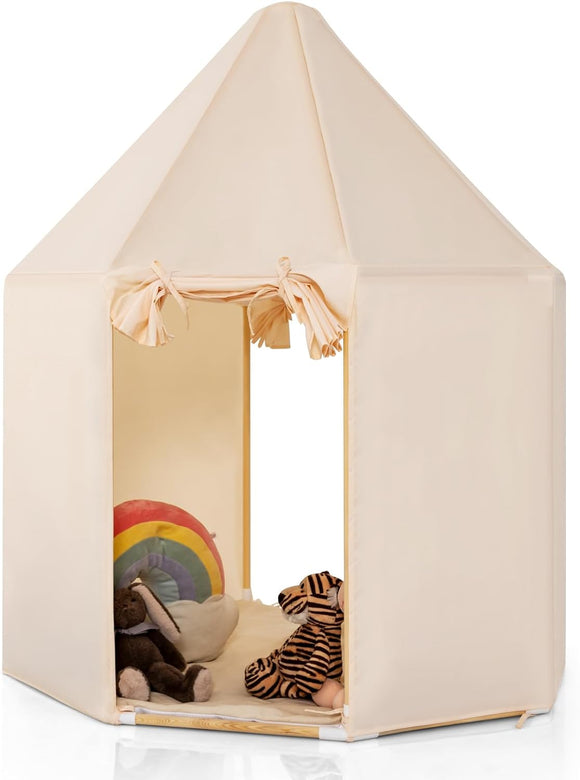 Children’s Large Playhouse Tent | 2 Doors with Washable Mat | Beige