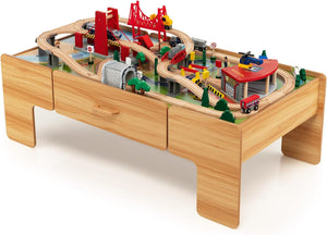 Zestaw drewnianych pociągów Montessori | Drewniany stół pociągowy 2 w 1 | Zestaw pociągów 100 elementów