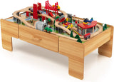 Drevený vláčik Montessori | Drevený vlakový stôl 2 v 1 | Súprava vlakov 100ks