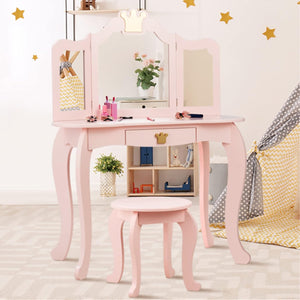 Tocador rosa con espejo extraíble triple plegable y taburete | Mueble de tocador con cajón | 3-6 años