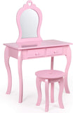 Coiffeuse et tabouret princesse pour filles avec miroir et tiroirs | Table de vanité pour enfants | Blanc ou rose | 3-8 ans
