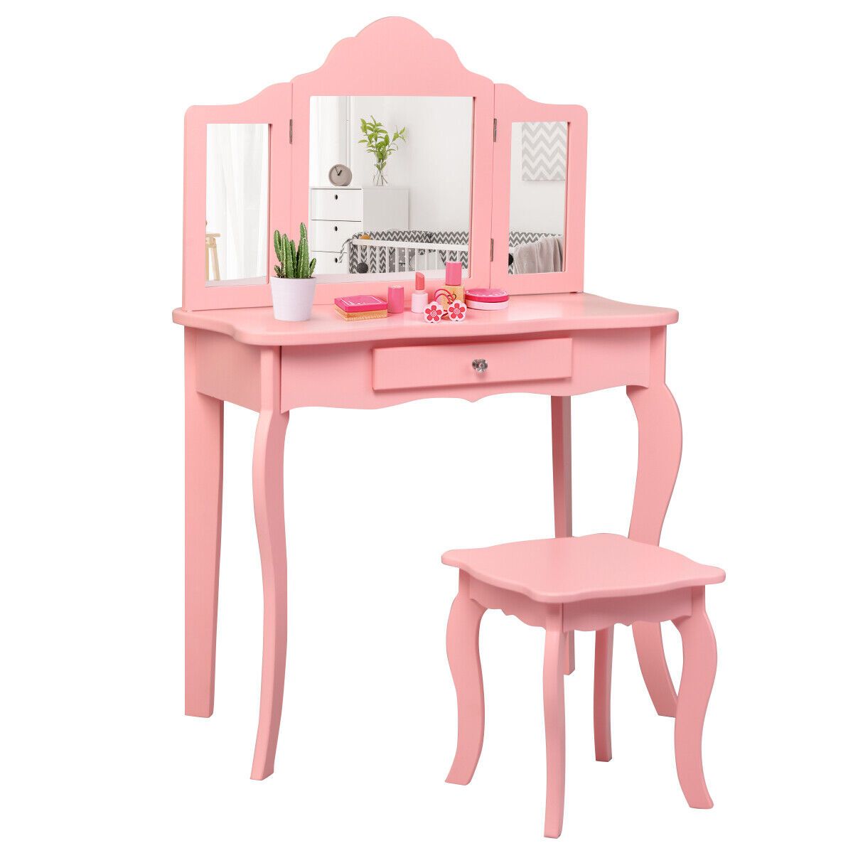 Pink Vanity Table with Tri-Folding Mirrors | Kids Dressing Table www.littlehelper.co.uk Pink Vanity Table with Tri-Folding Mirrors | Kids Dressing Table www.littlehelper.co.uk