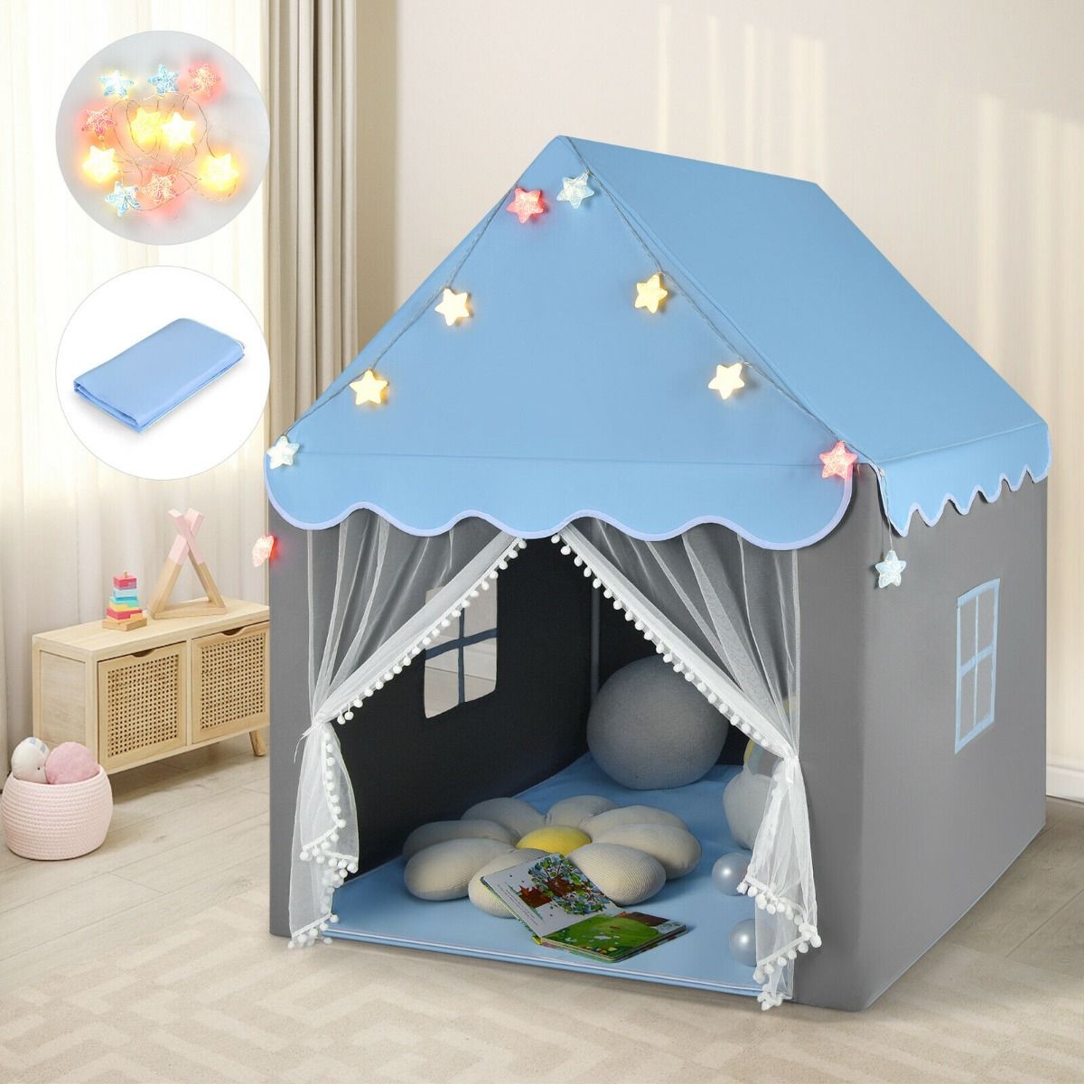 Großes Kinderspielhaus-Zelt | Fenster und Sternenlichter