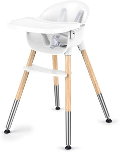 Cadeira alta para criança com cinto de segurança de 5 pontos | Bandeja removível | Branco e Madeira | 6 meses +