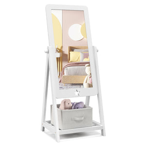 White Children's mirror | Freestanding Tilting Mirror with Storage Shelf & Bin | 3-8 Years