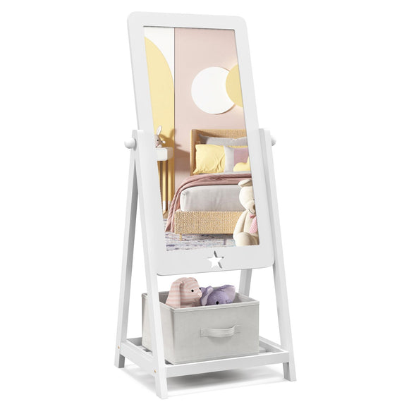 White Children's mirror | Freestanding Tilting Mirror with Storage Shelf & Bin | 3-8 Years