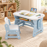 Ice blue adjustable kids table and chair set with magnetic whiteboard