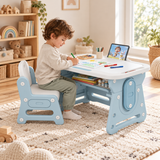 Ice blue children’s desk with tilting drawing surface and book stand