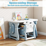 Ice blue kids chair tucked beneath matching table for compact storage
