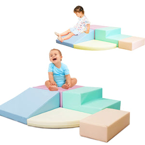 Montessori soft play vybavenie | 5 dielna súprava na hranie z peny na šplhanie a šmykľavku | pastelové farby | 6m+