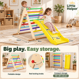 Folding Pikler triangle infographic showing dimensions, locking knobs and compact storage
