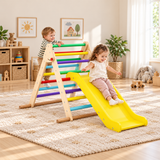 Toddlers climbing a rainbow Pikler triangle and using the yellow slide in a bright playroom