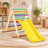 Little Helper folding wooden Pikler triangle with rainbow rungs and yellow slide in a neutral playroom