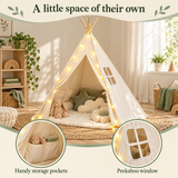 White cotton canvas play tent with internal storage pockets and a peekaboo side window
