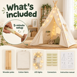 Kids teepee tent infographic showing wooden poles, cotton fabric, lights and connectors