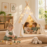 Children playing inside a white wooden-pole teepee while another child builds with blocks