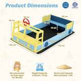 Large wooden sandpit with bench seats for children
