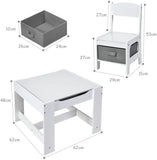 This hi gloss kids table and chair set in white and grey comes with fabric storage drawers under the chairs.