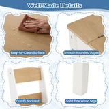 Collage of a wooden stool with features highlighted on a light blue background.