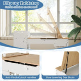 Flip-up tabletop art easel shown in a bright room with a window, demonstrating its gas strut support and flip-up mechanism. Includes inset close-ups of the anti-pinch cutout handles and slow lowering gas struts.