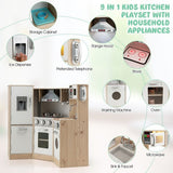 Corner wooden play kitchen set with cookware accessories