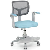 Baby blue childrens swivel chair with grey mesh backrest on a white background