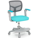 Turquoise childrens swivel chair with grey mesh backrest on a white background