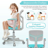 Children's ergonomic chair with a girl sitting on it, highlighting features like curved backrest and Y-shaped lumbar support.