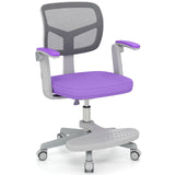 Purple childrens swivel chair with grey mesh backrest on a white background