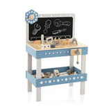 Wooden toy workbench with blackboard, play clock and storage shelf