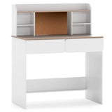 White desk with wooden top and shelves on a white background