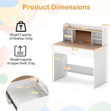 Product dimensions of a white desk with wooden top, showing weight capacity and dimensions.