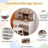 Children's study desk with storage compartments and a chair, labeled with features.