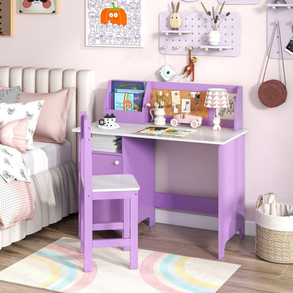 Anti-Scratch Kids Desk | Childrens Desk with Storage | Hutch Desk with Ergonomic Spine Supporting Chair | Purple