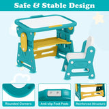 Adjustable children’s activity table in teal and yellow with matching chair