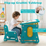 Recessed storage shelf and pen holders on teal and yellow activity table