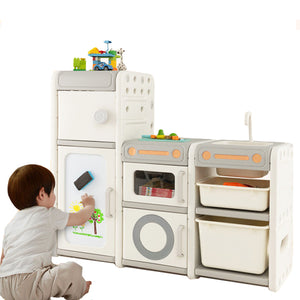 3-i-1 stort Montessori legetøjskøkken | Magnetisk hvid tavle | Legetøjsopbevaringsenhed